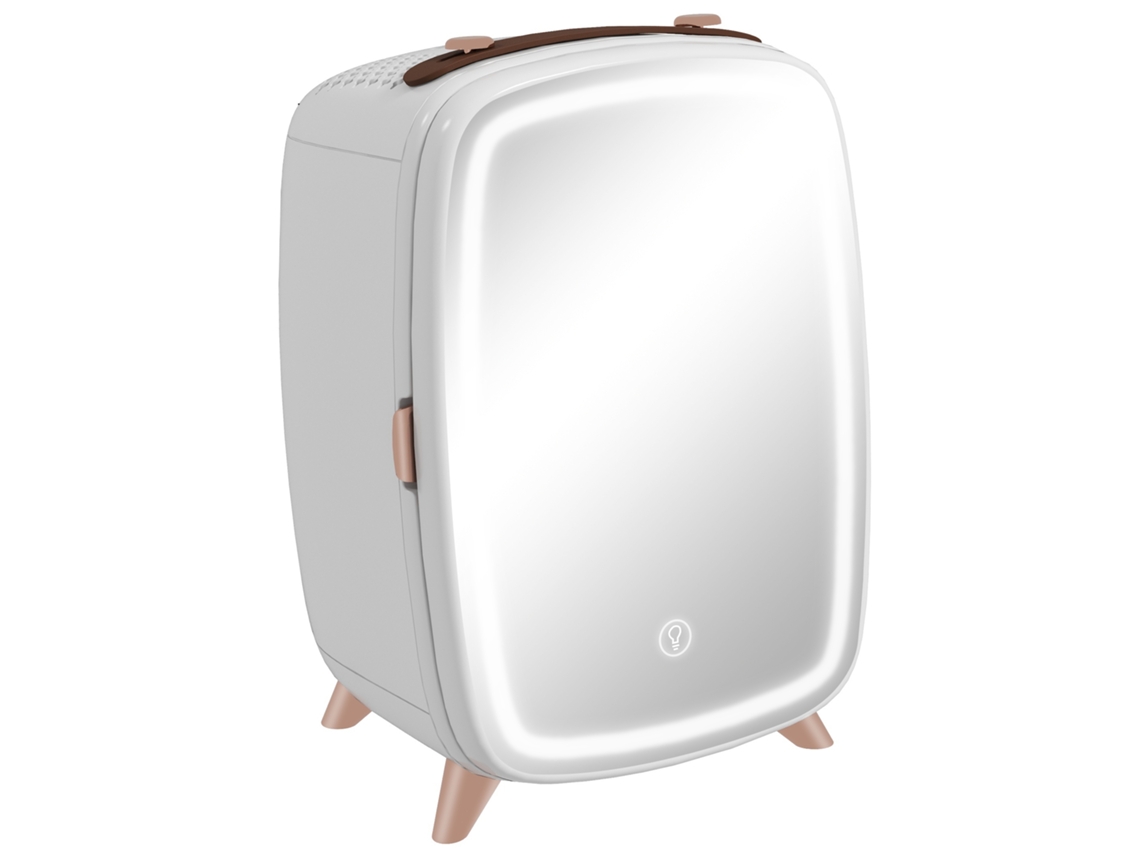 Minirefrigerador estético con puerta de espejo y luces LED ajustables, capacidad de 6 litros, 24,3 x 19,4 x 35,6 cm, blanco.
