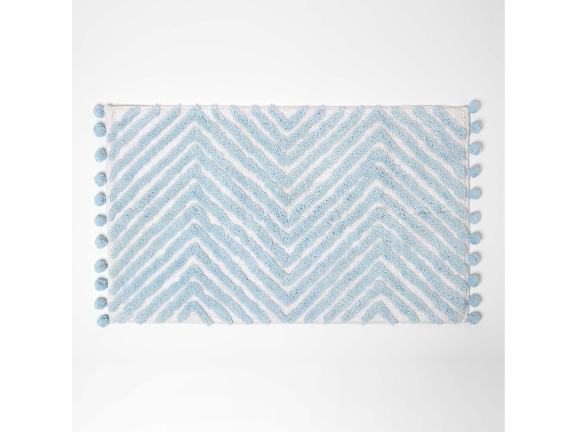 Homescapes Blue Cotton Bath Mat Tufted Zig Zag With Pom Pom Edges 50 X 80 Cm