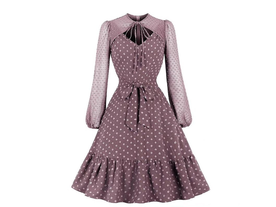 2026-vestido A-line Vintage Para Mujer Con Puntos, Mangas Largas, Encaje Y Volantes, Estilo Casual