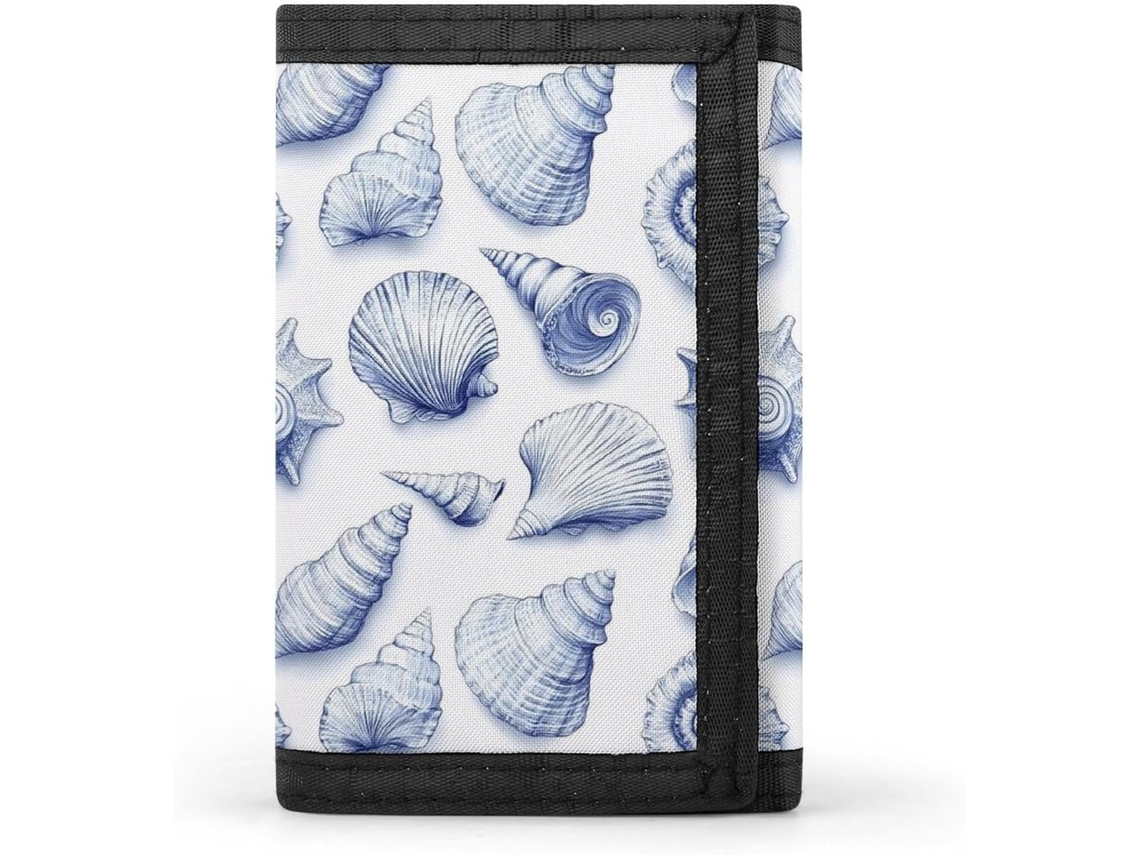 Cartera azul para hombre con estampado de conchas, compartimentos, sin marca.