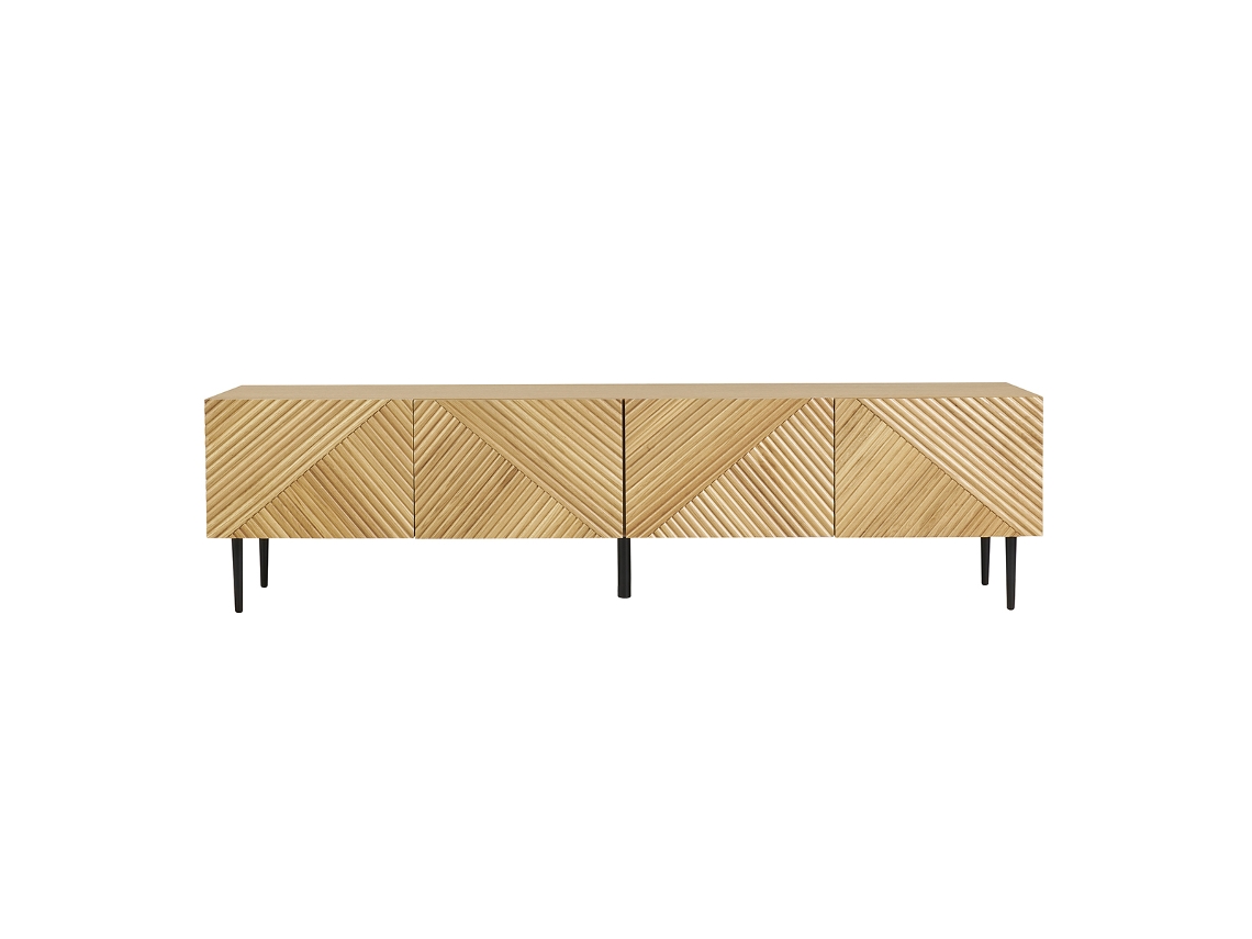 Mueble De Tv Diseño En Madera Clara Roble Macizo Grabado Y Metal Negro 4 Puertas L180 Cm Archipel Miliboo