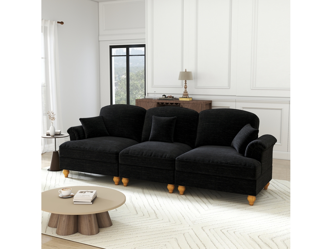 Sofá 3 Plazas - Estilo Mid-century, Chenilla, Brazos Cónicos, Faldón Desmontable, Patas Torneadas - Negro