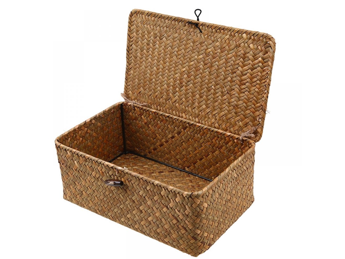 Cesta de almacenamiento de mimbre tejido, caja de almacenamiento con tapa