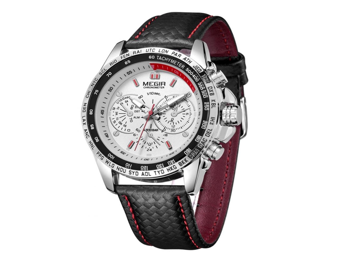 Reloj De Pulsera Hombre Megir De Aleación Con Dial Redondo Luminoso Cuero Negro