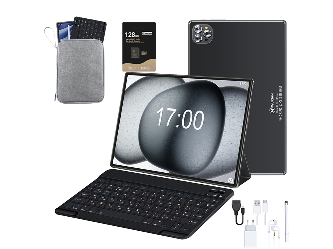 Veanxin V62 - Funda de piel con teclado Bluetooth para tableta, funda plana para auriculares, 128 GB, 10,1", 64 GB, 4 GB de RAM, GPS, Wifi, 4G, color negro