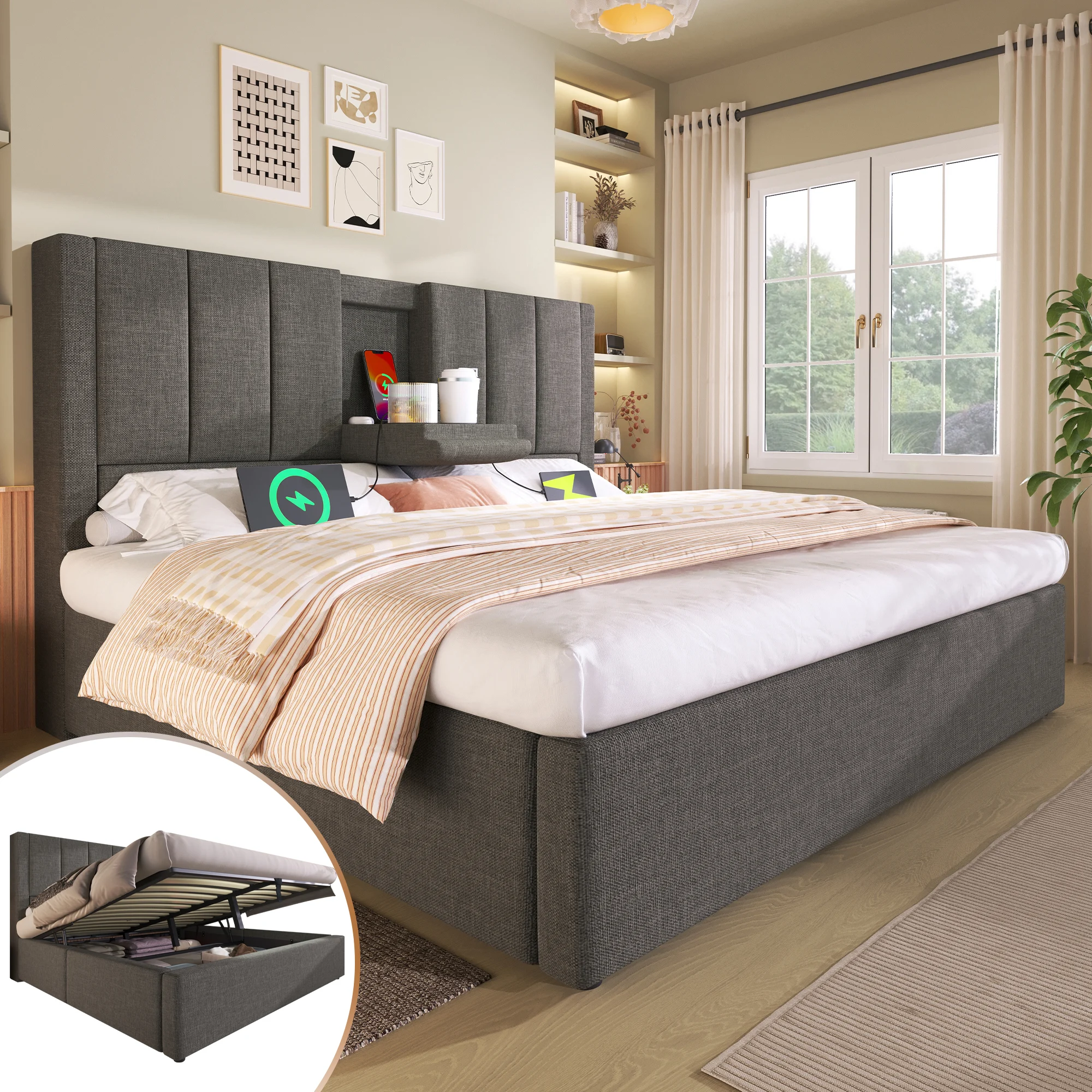 Cama De Lino Gris De 160x200 Con Portavasos Usb Hidráulico