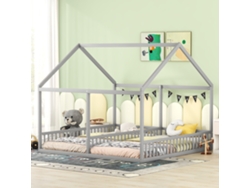 Cama de madera de pino de 2 x 90 x 200 cm con techo de listones grises y base estilo cabaña