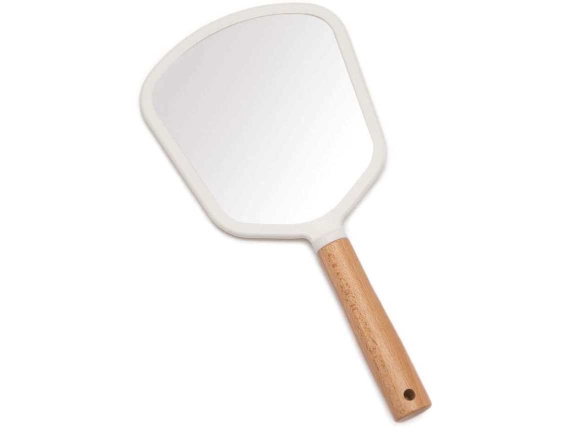 Bonito Espejo De Mano Pequeño De Madera Con Mango Para Maquillaje Y Afeitado, Portátil Con Forma De Abanico Y Orificio Para Colgar.
