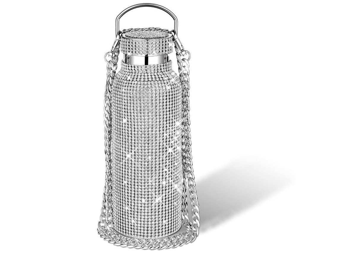 2026-30708-botella Térmica De Acero Inoxidable 304 Con Piedras Brillantes Y Cadena 500 Ml Plata