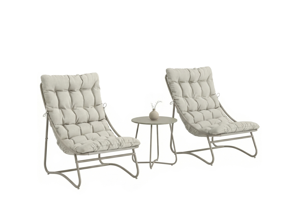 Conjunto De Jardín De 3 Piezas: 2 Sillas, Mesa De Salón, Mesa De Centro, Cojines Gris Claro.