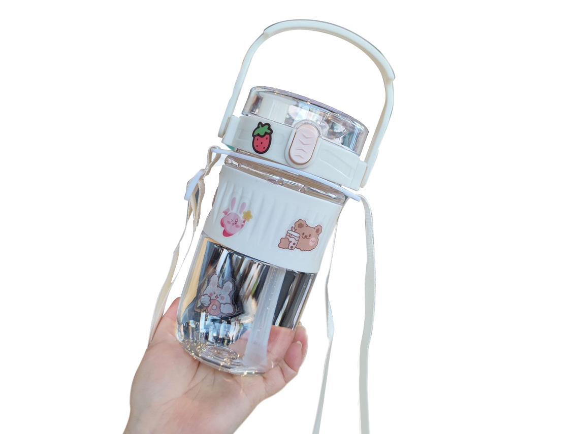 Botella de agua con pajita y soporte para teléfono móvil para niños.