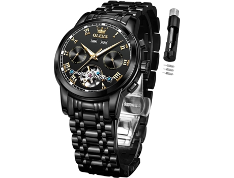 VEANXIN Reloj Automático para Hombre Reloj Mecánico de Negocios de Acero Inoxidable Multicalendario Reloj Luminoso Impermeable(negro)