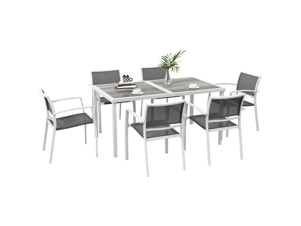 Conjunto De Comedor De Jardín De 7 Piezas, Mesa Y 6 Sillas Apilables, Estilo Moderno, Blanco Y Gris.