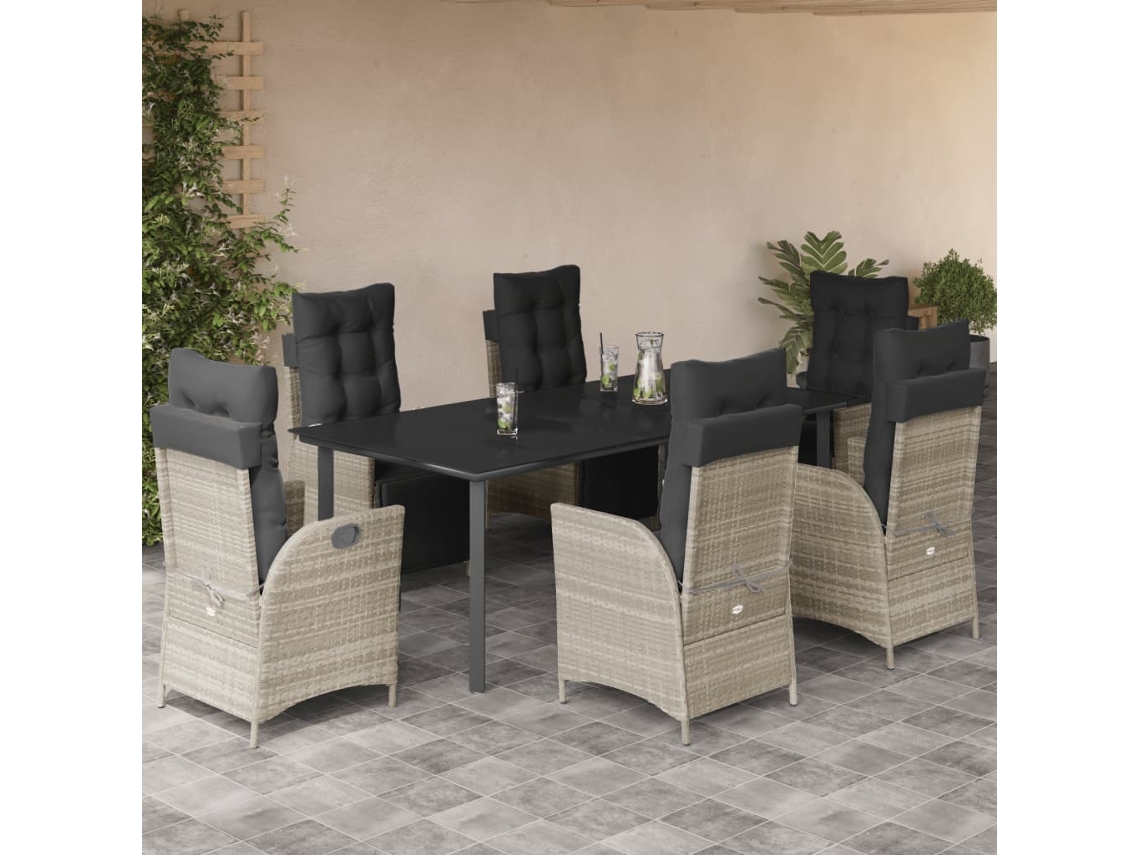 Juego de comedor de jardín de 7 piezas con cojines de mimbre gris claro DKD Home Decor