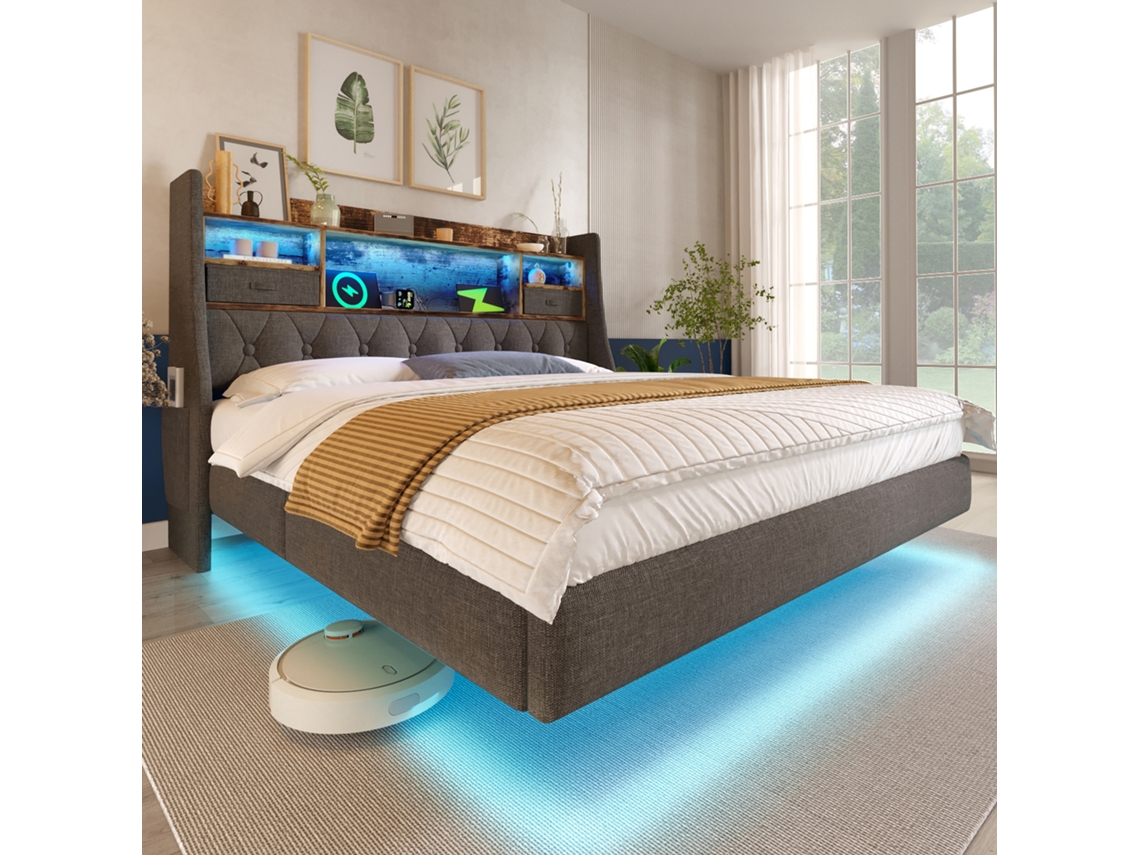 Cama Flotante Tapizada Con Iluminación Led, 160x200 Cm, Puerto Usb-c, 3 Puertos Usb, Cabecero Con Espacio De Almacenamiento, Color Gris.