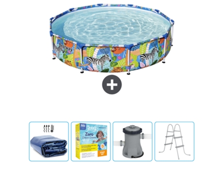 Piscina BESTWAY Round Steel Pro - 305 x 66 cm - Estampado Selva - Incluida Vela solar - Paquete de mantenimiento - Bomba - Escalera