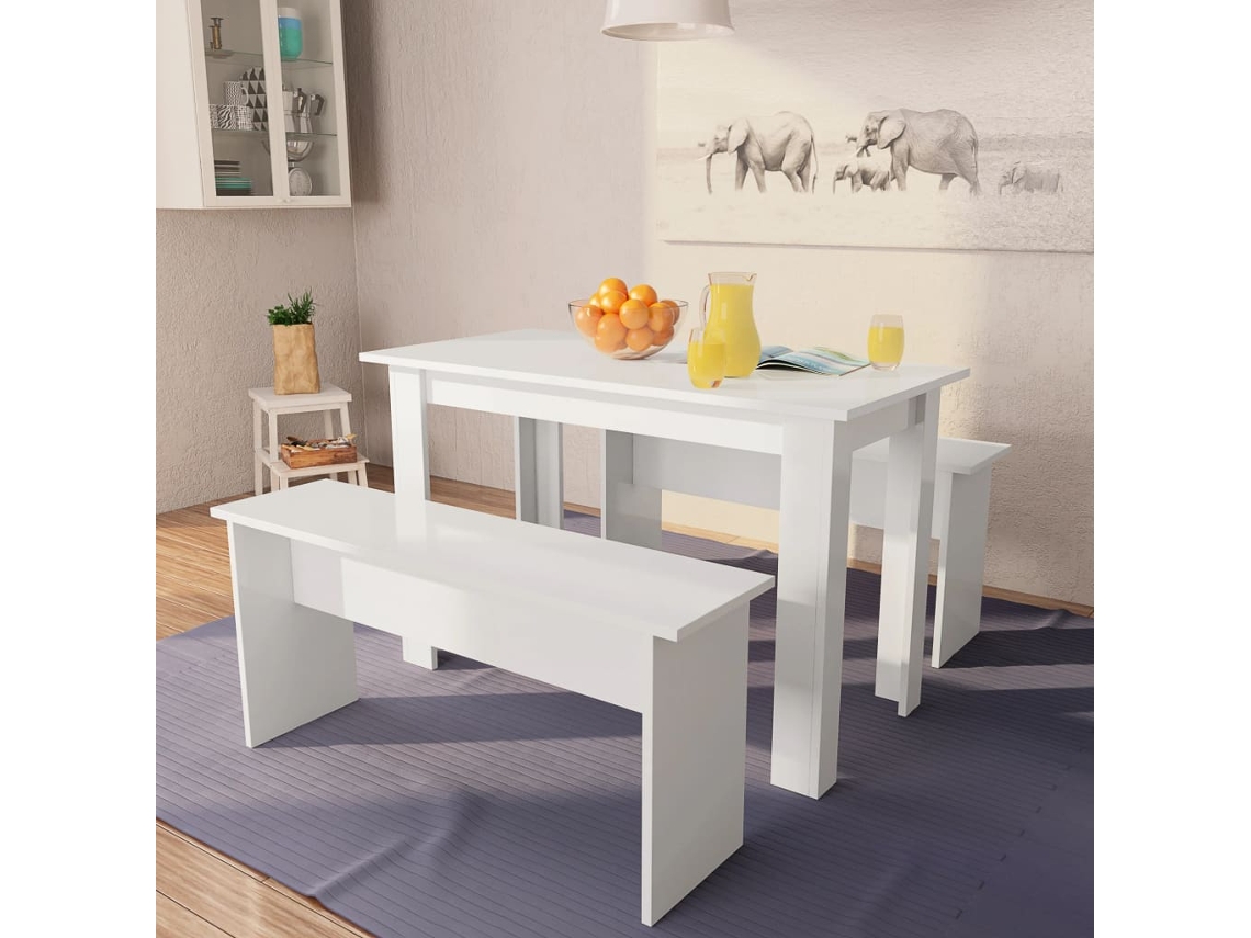 Mesa de comedor y bancos 3 piezas madera contrachapada blanca
