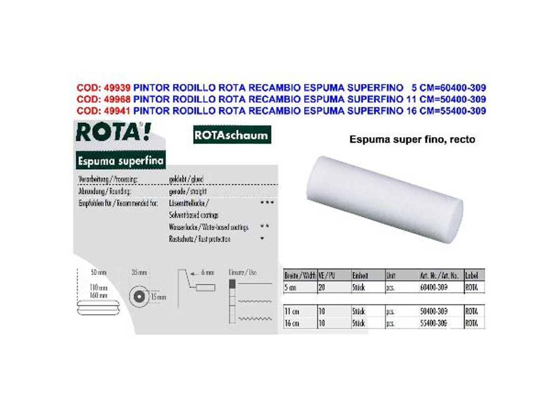 Pintor rodillo rota recambio espuma superfino   5 cm 60400-309 (caja 20 unidades)