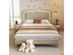 Cama 140x200 Cm Tapizada En Lino - Con Led Y Somier De Láminas - Beige