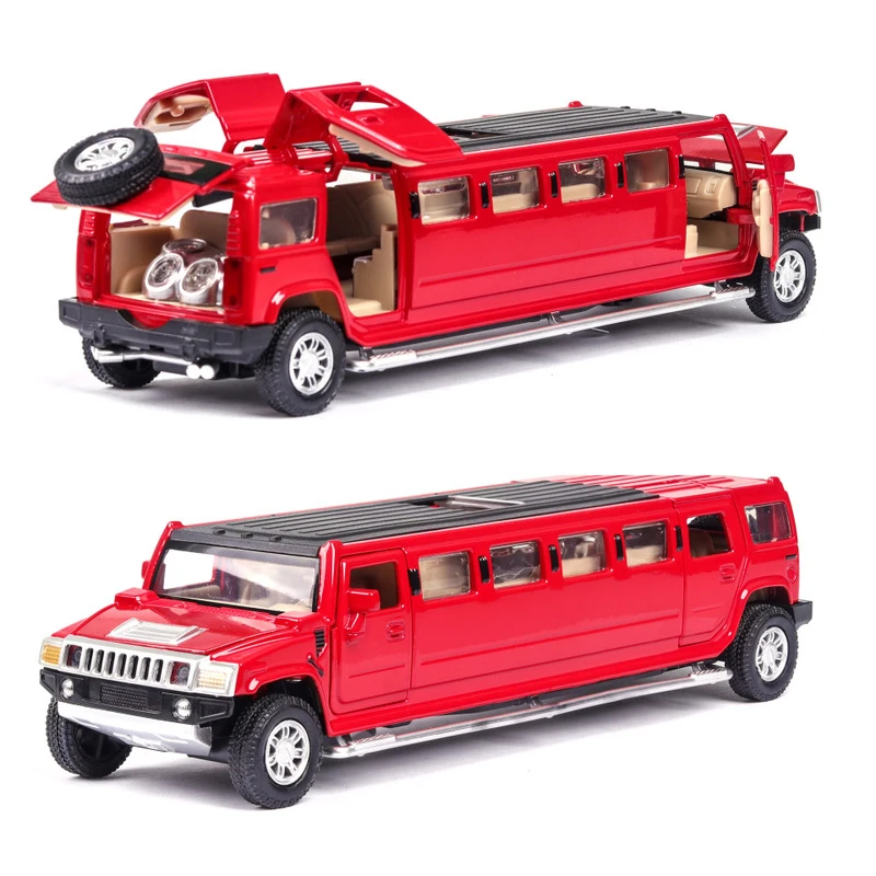 (Rojo) Miniatura de un sedán largo de lujo a escala 1:32, fabricado en metal fundido a presión, con sonido, luz, mecanismo de fricción, luces intermitentes y música.