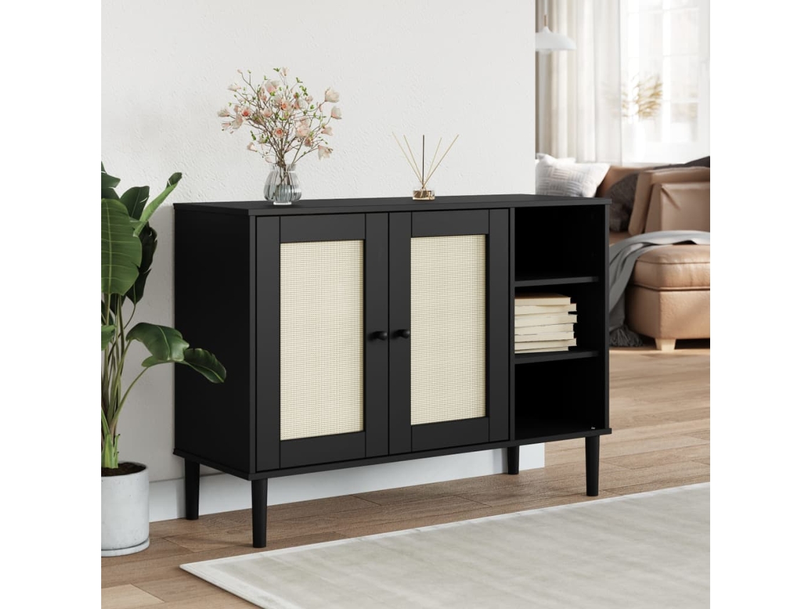 Aparador Senja Aspecto De Ratán Madera Pino Negro 112x40x80 Cm
