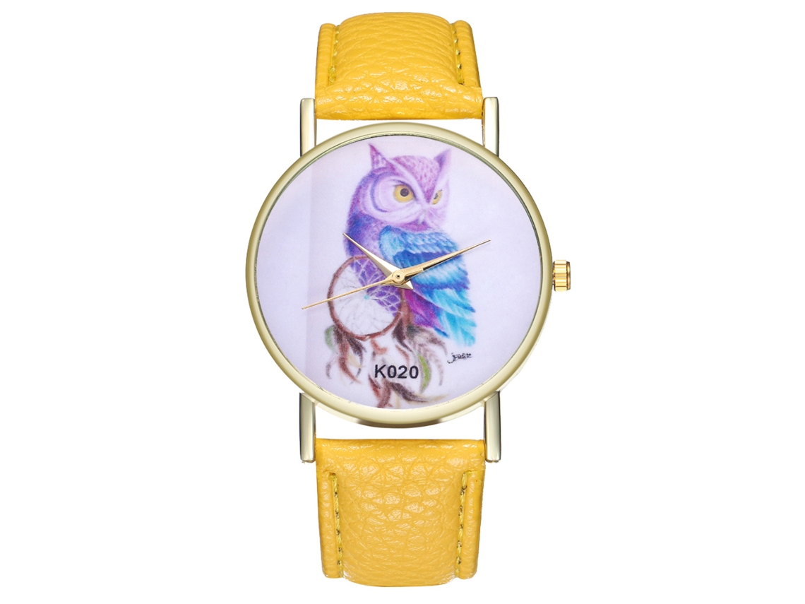 Reloj De Pulsera De Cuarzo Para Mujer Con Estampado De Búho Amarillo Arunadula - Moda