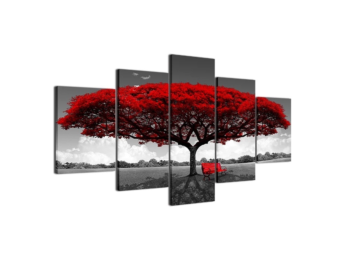 Éclat De Vie Rouge Toile Moderne Red Tree Canvas Wall Art, Nature Wall Art Pour Votre Décoration De Salon (5 piezas)