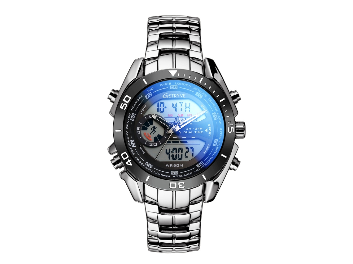 Reloj de negocios MDUG con doble pantalla electrónica, resistente al agua (plateado y negro).