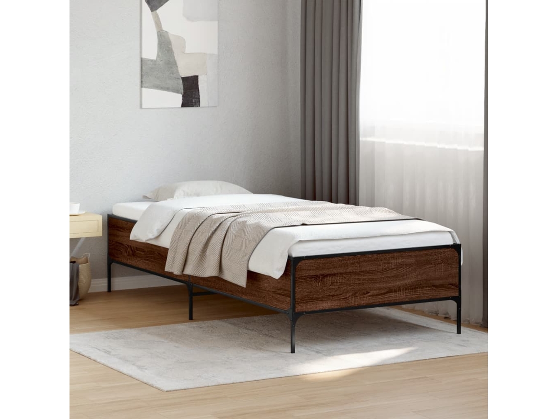 Estructura Cama Madera Ingeniería Metal Marrón Roble 100x200 Cm