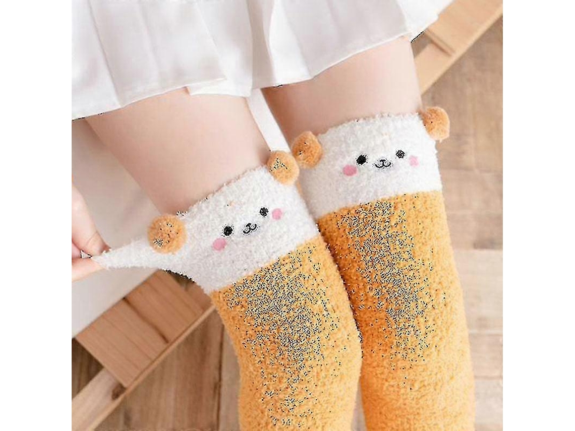 Calcetines suaves de lana coral hasta la rodilla, ideales para el invierno, para niñas y mujeres. Calcetines de rayas con estampados de animales, pelusas y dibujos animados.