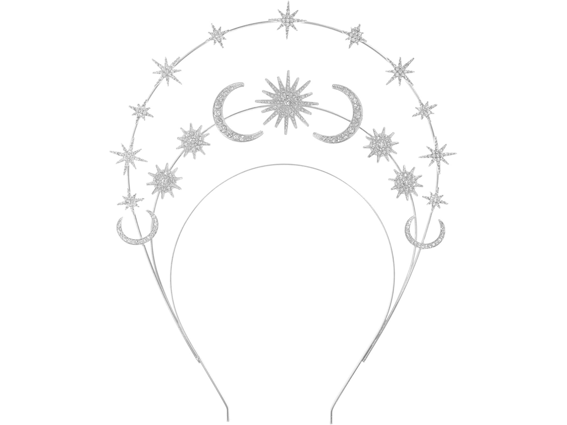 Tiara Prateada Com Glitter, Estrela E Lua, Coroa De Cristal De Três Camadas, Tiara