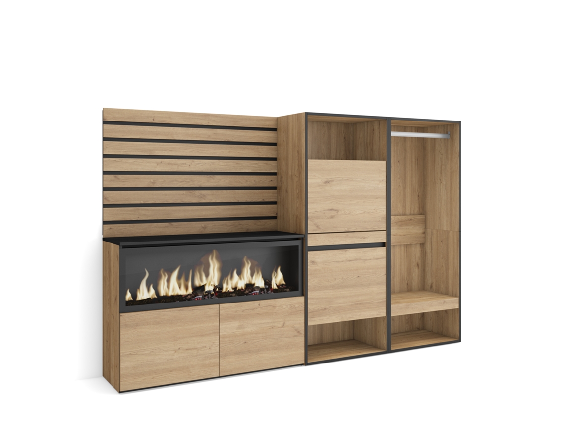Duérmete Online | Aparador, buffet | Gran espacio de almacenaje | 227x145x35 cm | Para dormitorio | Chimenea eléctrica XXL | Zapatero | Armario abierto | Roble