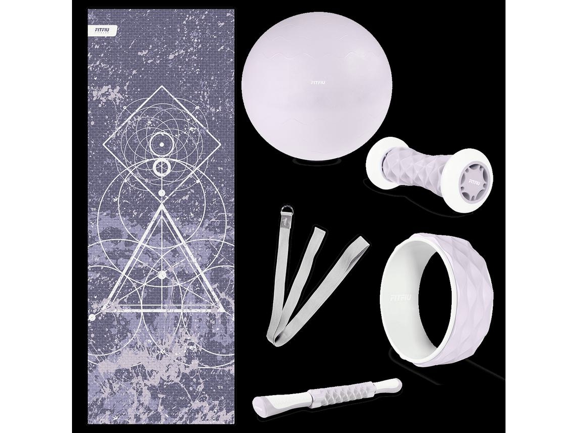 Kit 6 accesorios para yoga y pilates FITFIU FITNESS KITWELL-600 LILA, esterilla, rueda, fitball, correa, 2 masajeadores