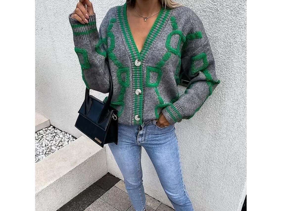 2026-chaqueta De Punto Informal Verde Para Mujer, Cuello En V, Manga Larga, Suelta, Cálida, Otoño/invierno