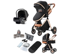 Cochecito plegable MAGIC ZC Yv9 negro y dorado con suspensión y cesta de almacenamiento.