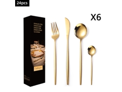 Juego de cubiertos de acero inoxidable (24 piezas - dorado) con cuchillo, tenedor y cuchara.