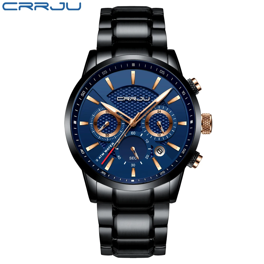 Relógio Cronógrafo Masculino À Prova D'água (preto E Azul), Estilo Militar, Aço Inoxidável.