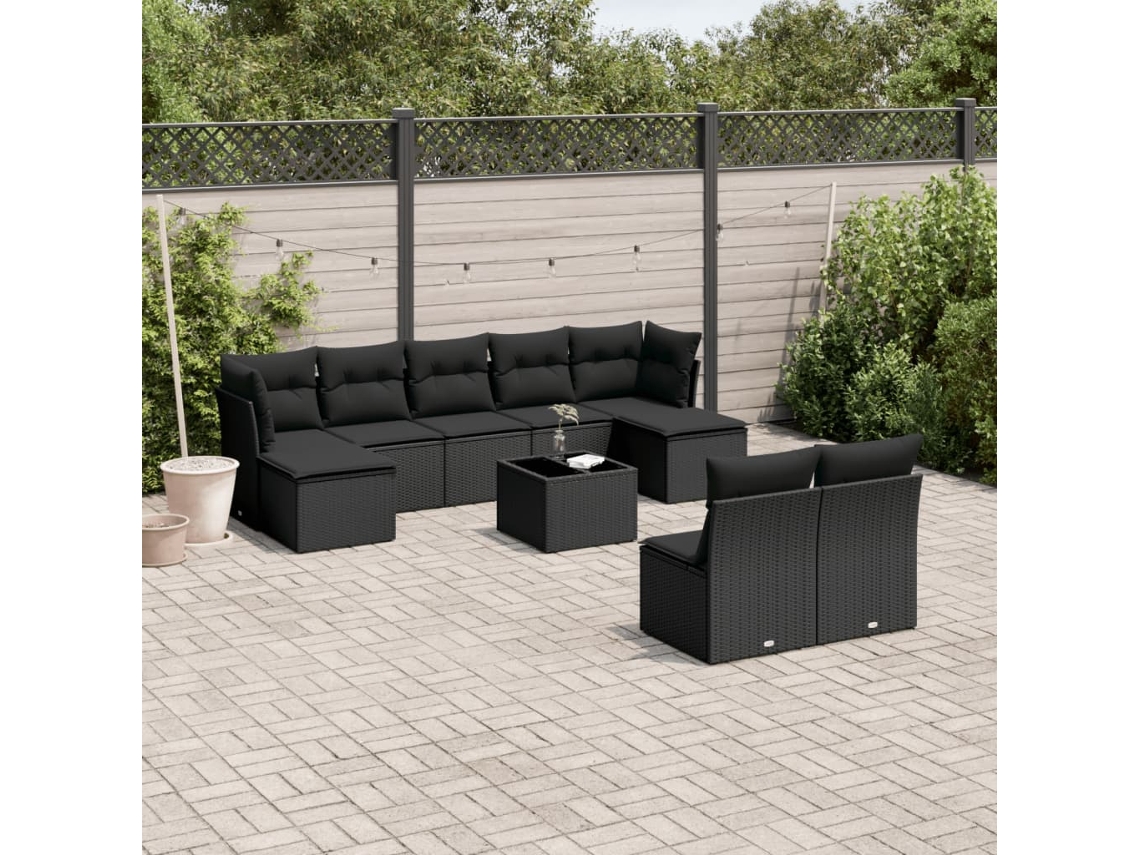 Conjunto de sofá de jardín de 10 piezas con cojines en mimbre sintético negro de DKD Home Decor