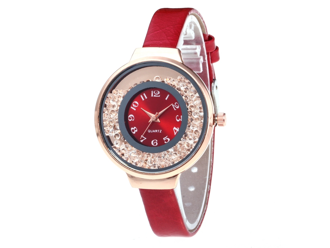 Reloj De Cuarzo Zhoulianfa Fashion Para Mujer, Color Rojo, De Piel Sintética Con Esfera Efecto Arena Movediza.