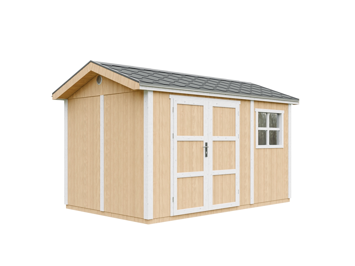Caseta de jardín de primera calidad de 8,68 m² (alto x ancho x alto): 252 x 250 x 412 cm, con suelo y baldosas bituminosas Timbela M914a Harvest Honey