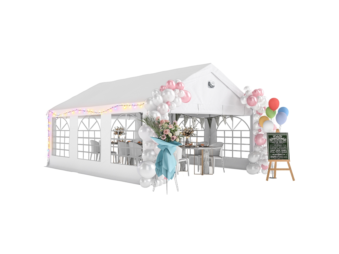 Carpa para fiestas de 4x6 m con ventanas, 4 paredes laterales desmontables, patas de acero, color blanco.