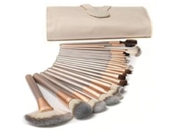 Set De 18 Brochas De Maquillaje Profesionales, Brochas Sintéticas Para Rostro, Ojos Y Labios Con Estuche De Piel Color Marfil.