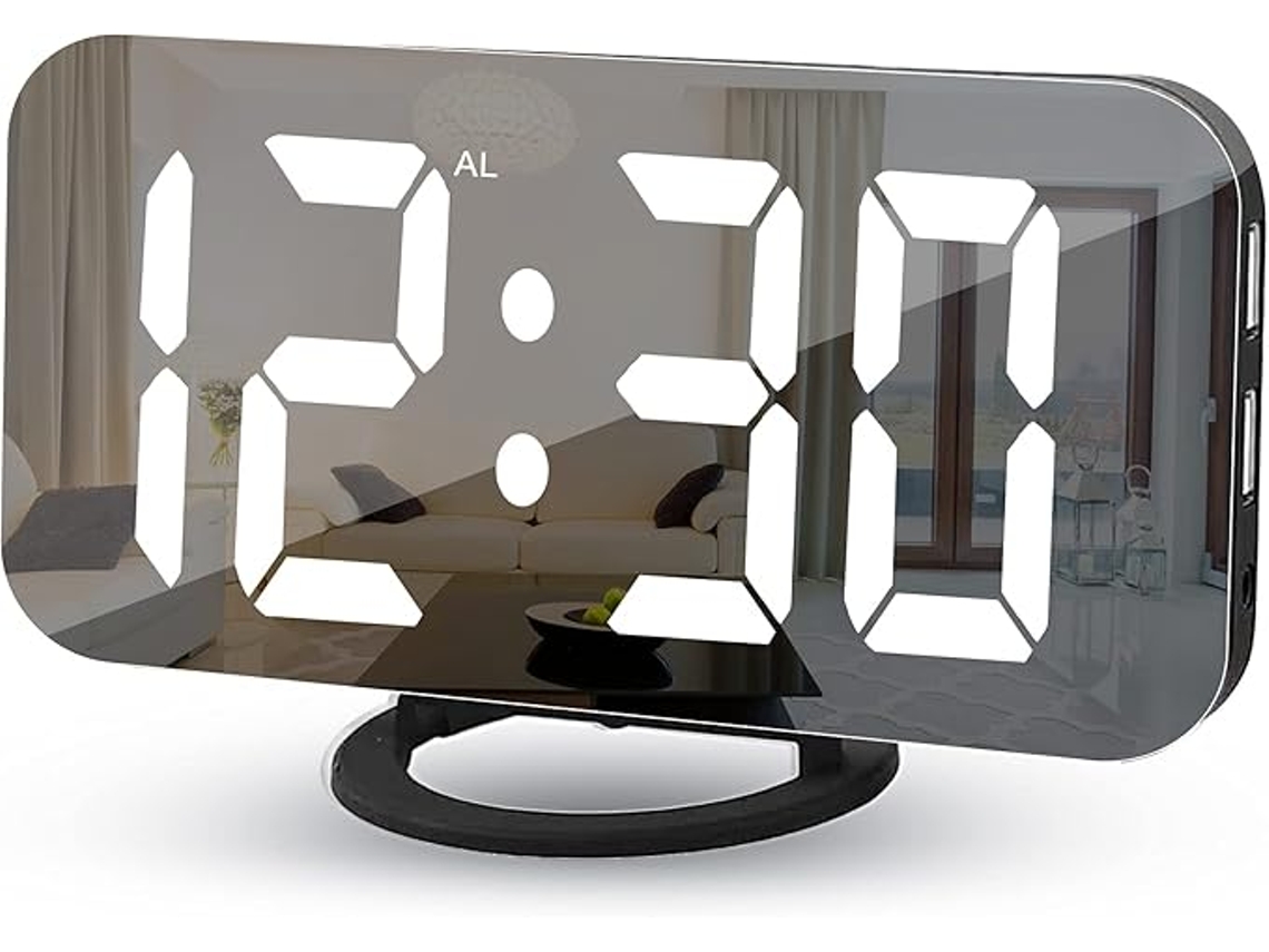 Relojo Espelho Led 7” C 2 Puertos Usb Soneca Brilho Automático P Cabeceira Home Office
