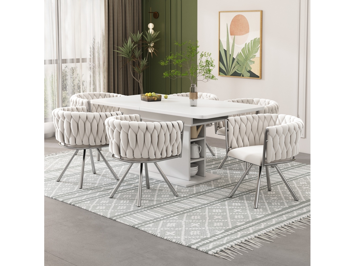 Juego de 6 sillas giratorias de terciopelo con brazos, patas de metal plateado, estilo beige