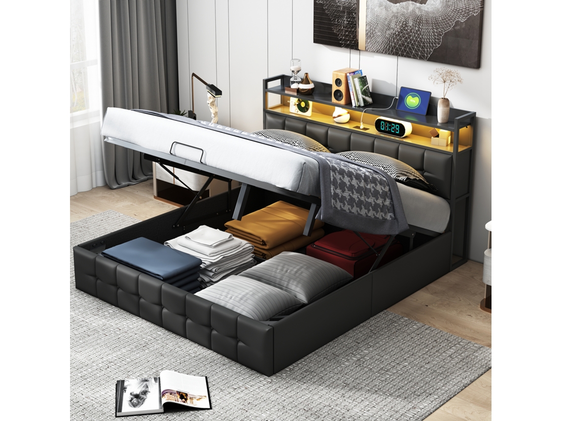 Cama De Matrimonio Tapizada, Moderna Cama Hidráulica Con Iluminación Led Y Puertos Usb, Revestida En Piel Sintética, 140 X 200 Cm, Colchón No Incluido