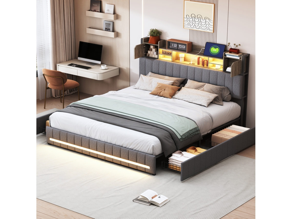 Cama Tapizada 140 X 190 Cm, Cama Doble Con Led, Función De Carga Usb Y 4 Cajones Cabecero Con Espacio De Almacenamiento Beige Lino
