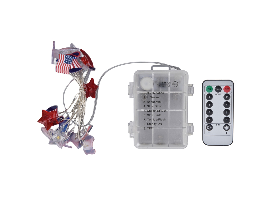 Yncm2026-cordón De Luces Led Bandera Estadounidense Para Día De La Independencia, Inalámbrico, Control Remoto, Impermeable Ip44, 2m 20 Luces