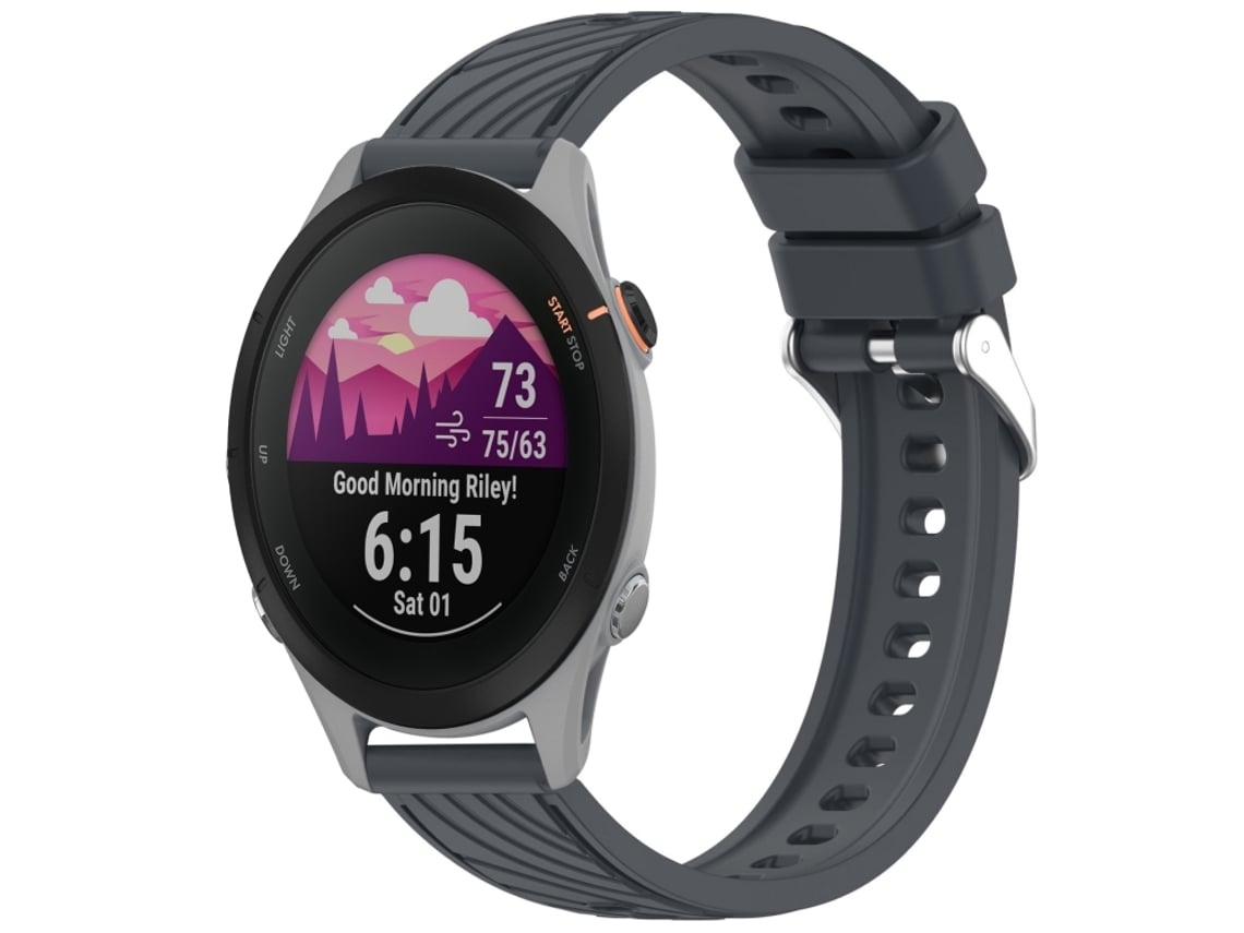 Bracelete Para Garmin Forerunner 255s (18mm) - Silicone - Textura Listrada - Fivela De Aço Prate Cinza Escuro