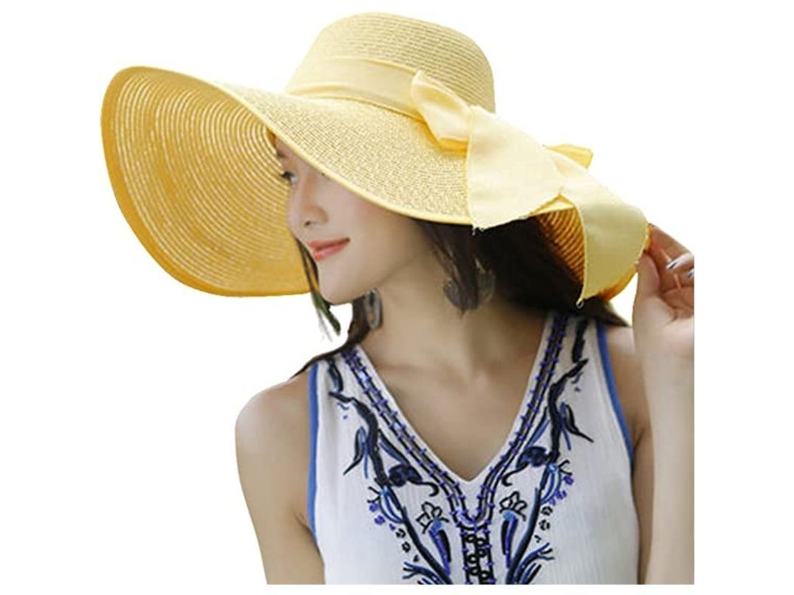 Sombrero De Paja Amarillo Plegable Para Mujer Con Nudo Grande, Ideal Para La Playa Y Para Protegerse Del Sol - Verano