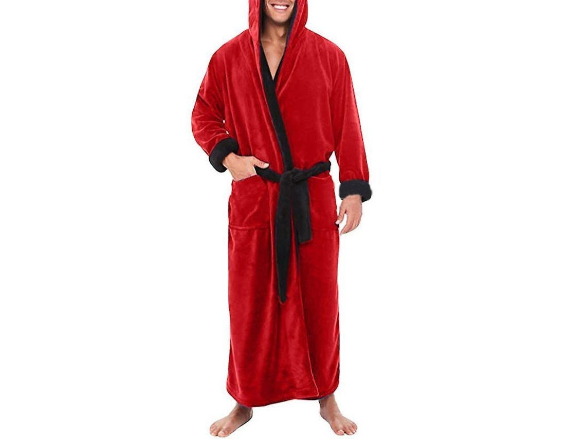 Pijama largo de forro polar con capucha para hombre, talla 2XL, rojo y negro.